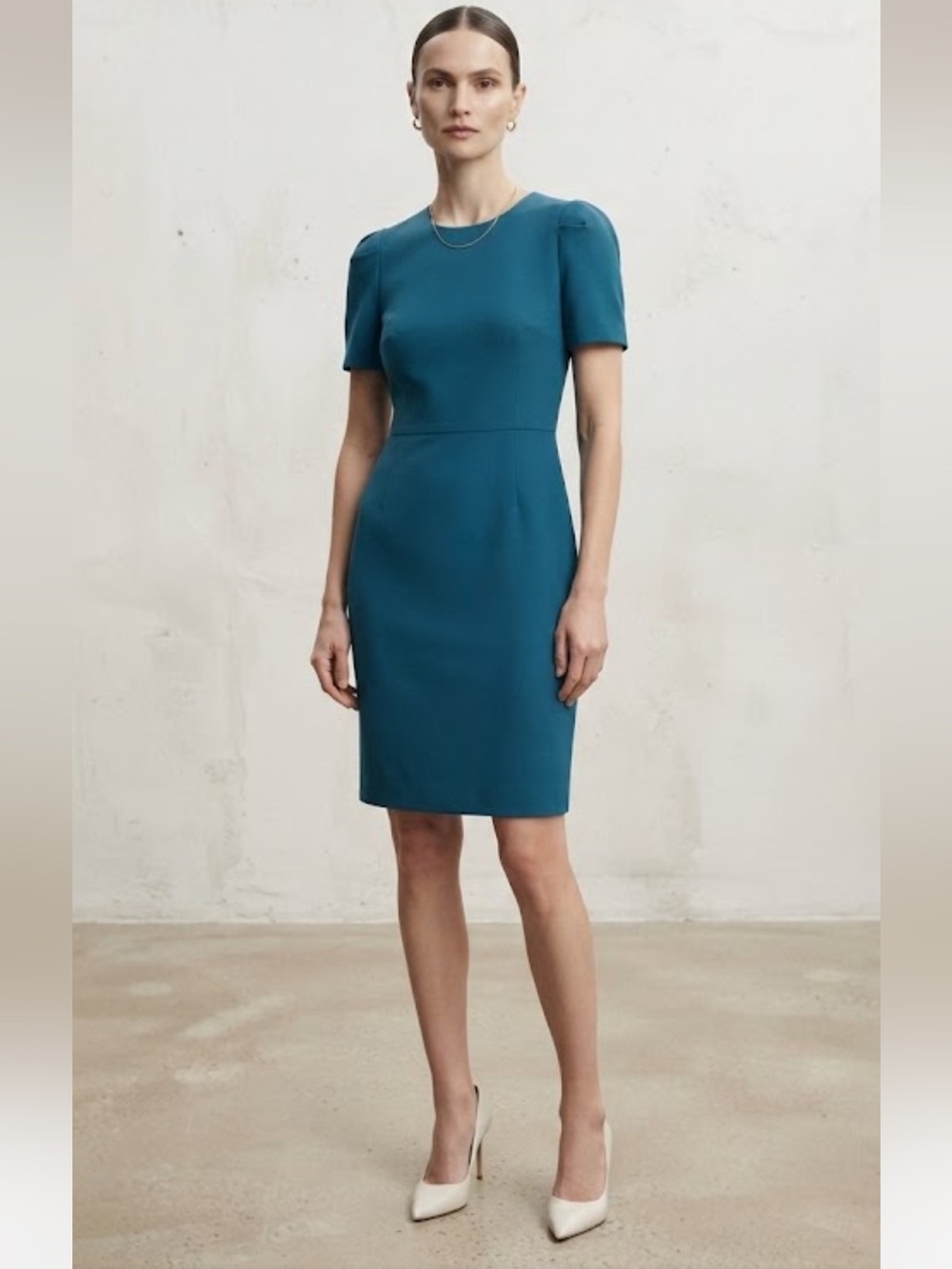 Calvin Klein Teal Blue Short Sleeve Puff Shoulder Midi Sheath Dress Sz 4 NWT